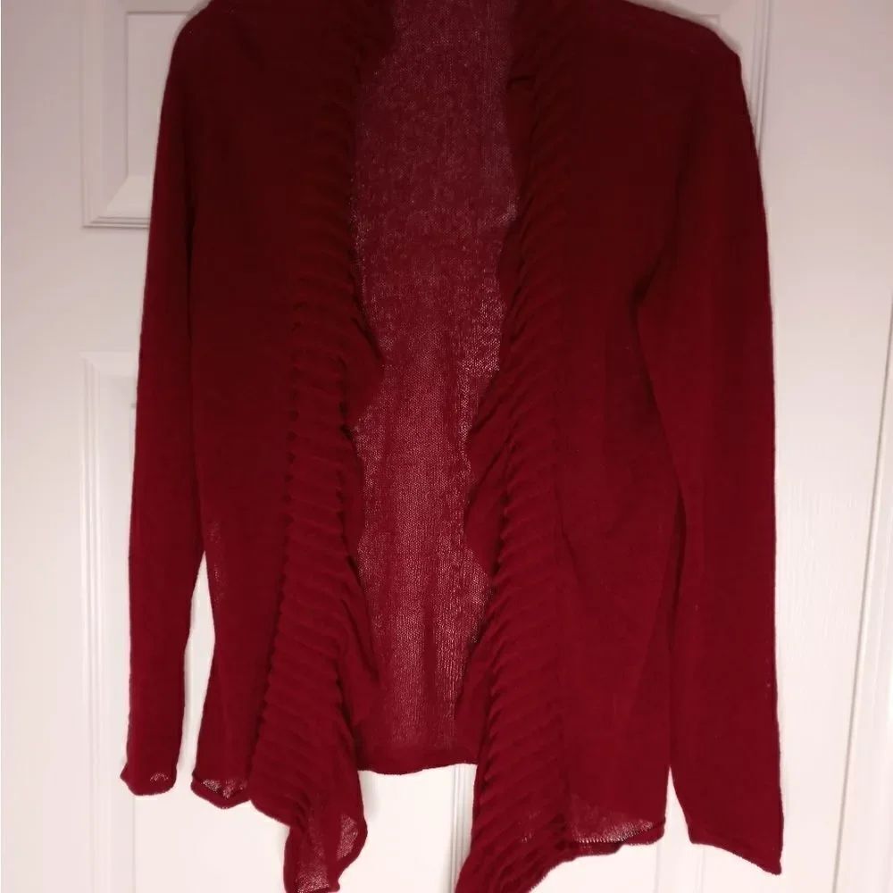 Eileen Fisher M LinenBlend Sweater CardiganBurgundy WaterfallRuffleLooseKnitOpen